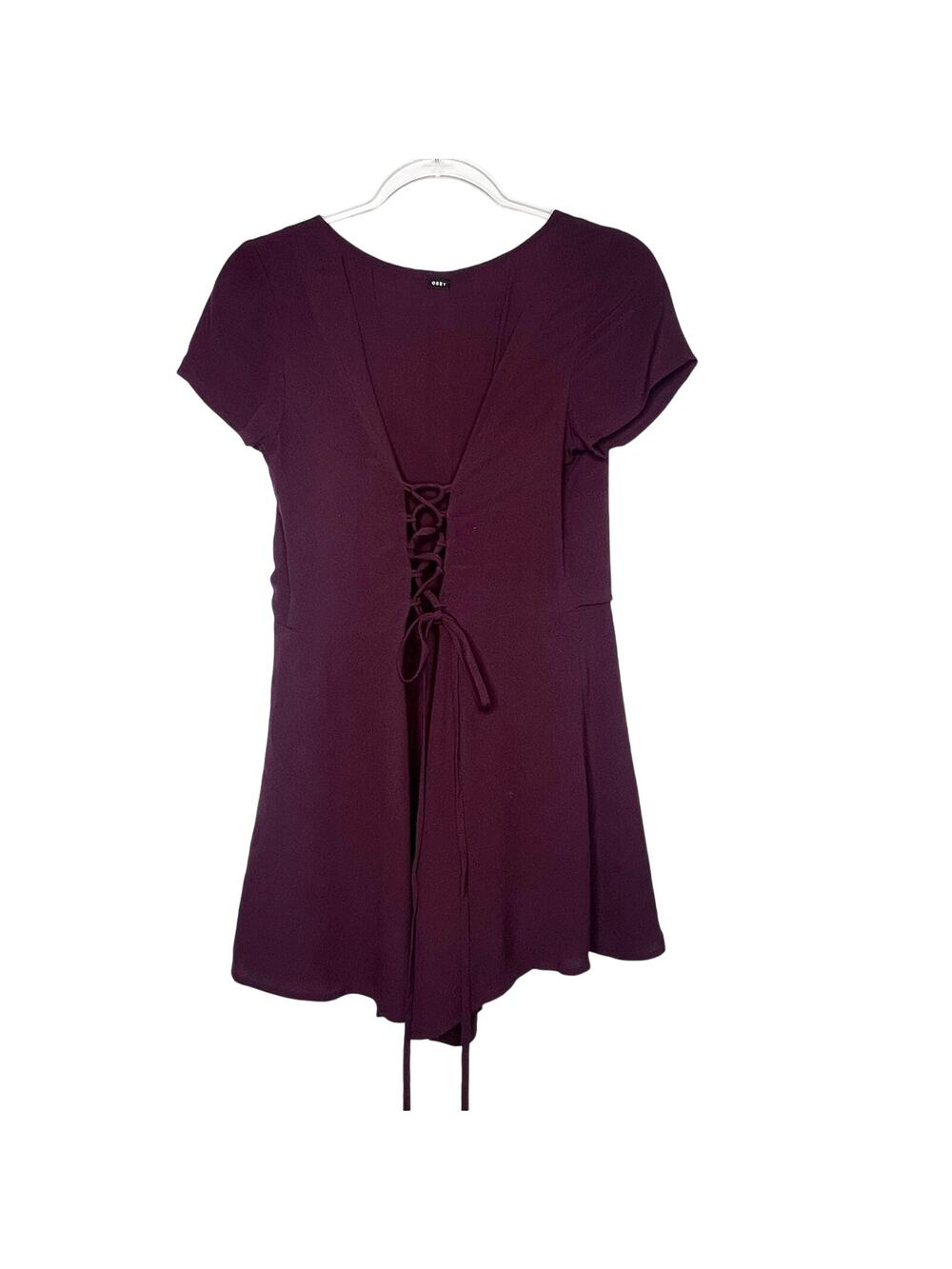 OBEY WORLDWIDE Short Sleeve Lace Up Front Romper Playsuit V Neck Purple Size S